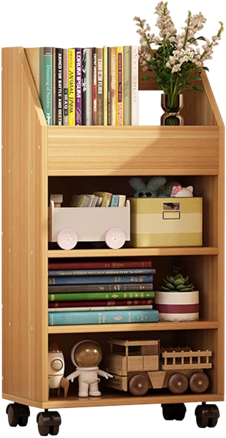 Book cartMobile Bookshelf with Wheels Wood, Movable Bookshelf Storage Rack Open Utility Storage cart for Narrow Spaces,Office, Home, Living Room,B
