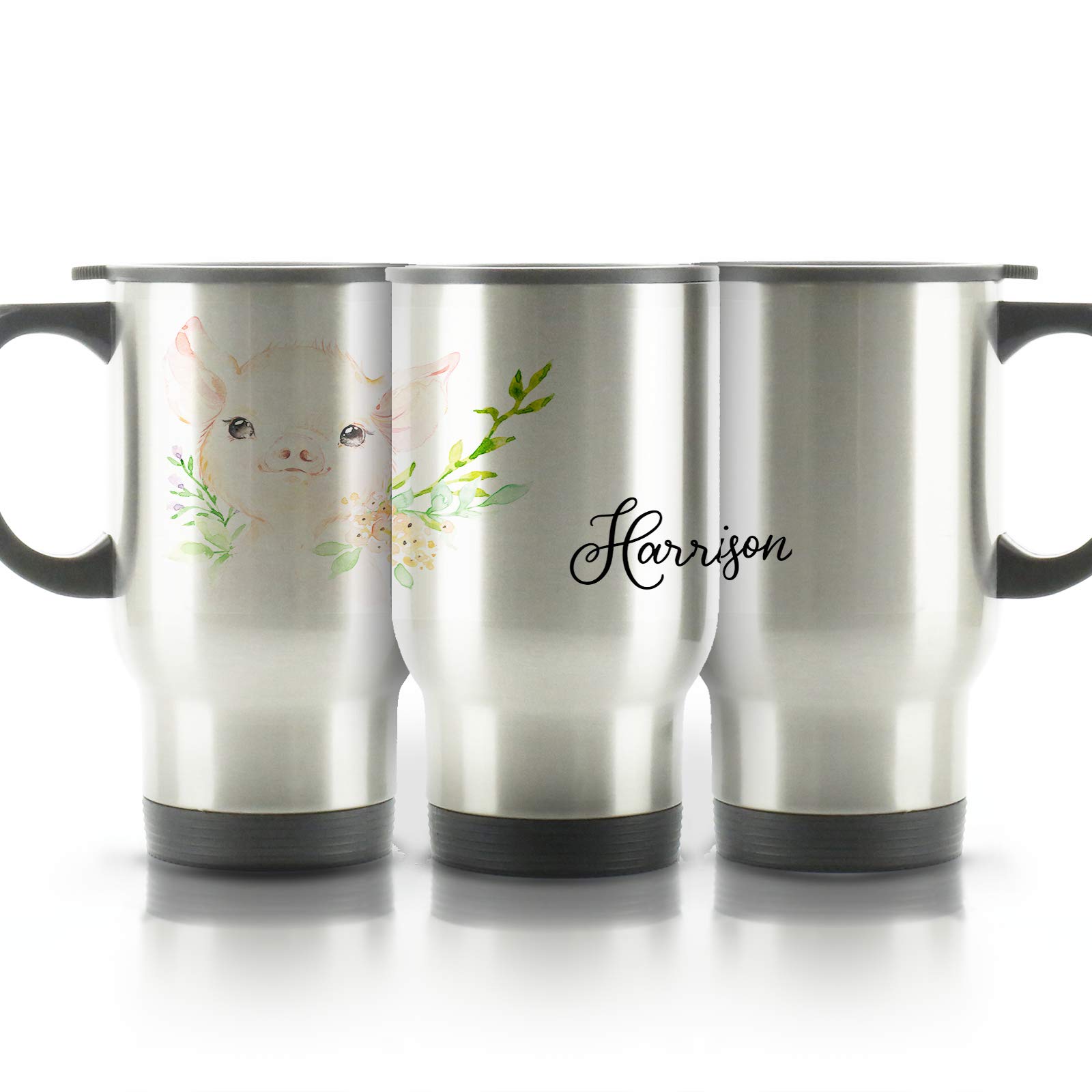 Hairyworm Personalised Travel Mug, 400ml Silver Stainless Steel Travel Mug with Handle, Customised with Initial/Name, Pink Pig Flowers Design Print