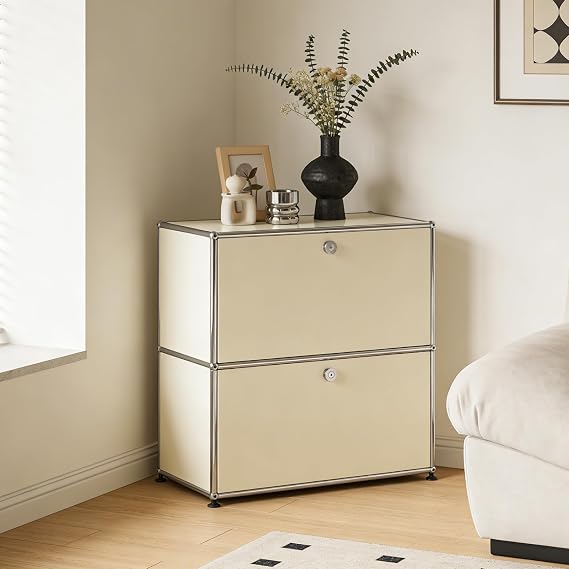 Modern Storage Cabinet, Versatile Side Table Organizer, Metal Frame Sideboard Storage, Free-Standing Organizer Cabinets for Home, Living Room, Office, Kitchen, Small Spaces (Black)