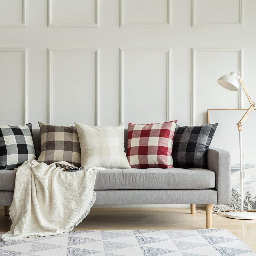MIULEE Pack of 2 Farmhouse Buffalo Check Plaids Polyester Linen Soft Soild Decorative Square Throw Pillow Covers Outdoor Home Decor Cushion Case for Sofa Bedroom 18x18 Inch Cream White and White