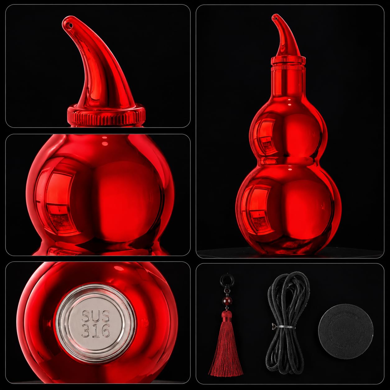 Thermosflasche Edelstahl Isolierflasche Trinkflasche Vakuumflasche mit Schraubkappe Und Metallring Robuste 316 304 Edelstahlkorpus mit Elementen für, mit Quaste, Aufbewahrungstasch