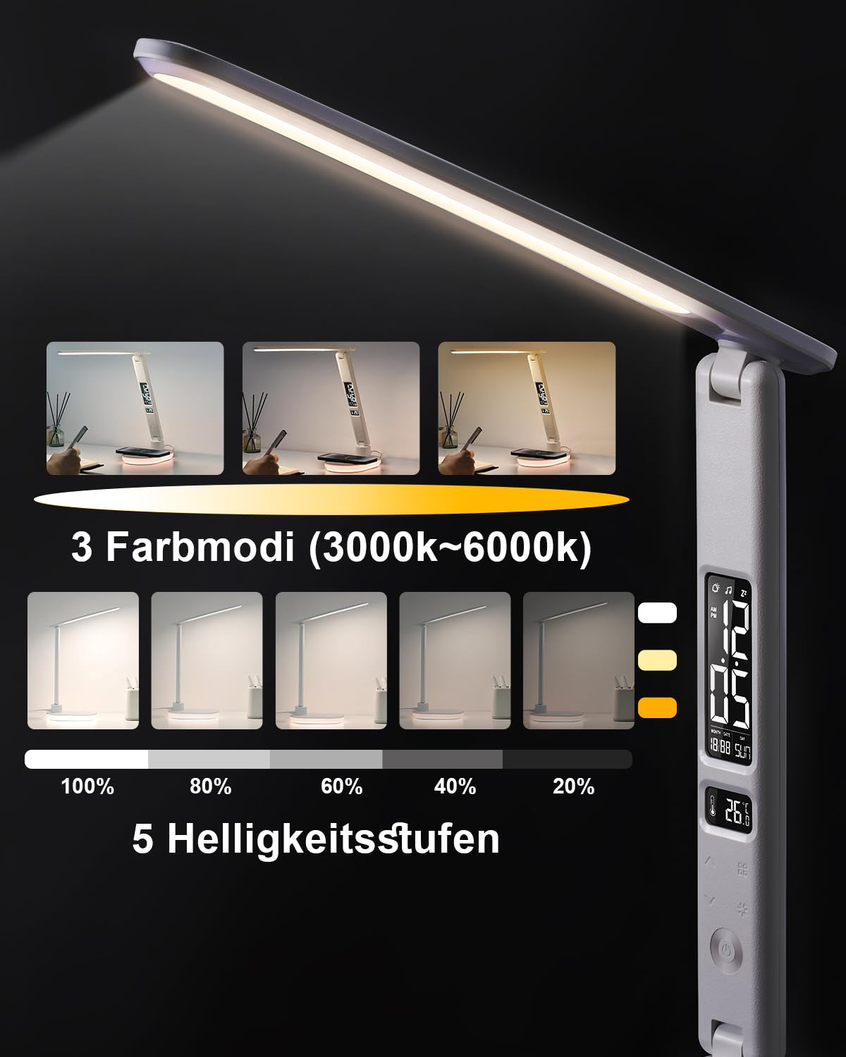CCHKFEI Lámpara de Escritorio LED con Cargador Inalámbrico & Puerto USB, 3 Modos de Color con Lámpara Táctil de Escritorio, con Temperatura, Fecha, Reloj RGB para Cafetería, Escuela, Trabajo, Estudio