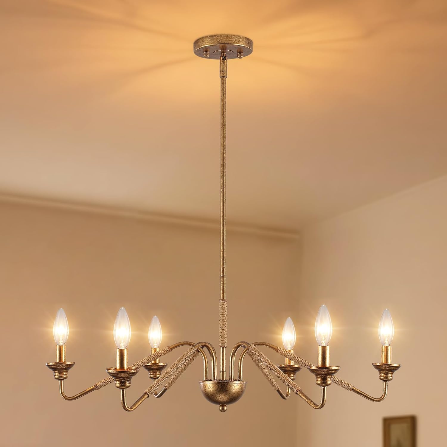 Rustic Chandeliers for Dining Room, Vintage Gold Foil Finished Farmhouse Chandeliers with Rattan, Gold Chandelier Light Fixture for Kitchen Island Living Room 6-Light Antique Chandelier