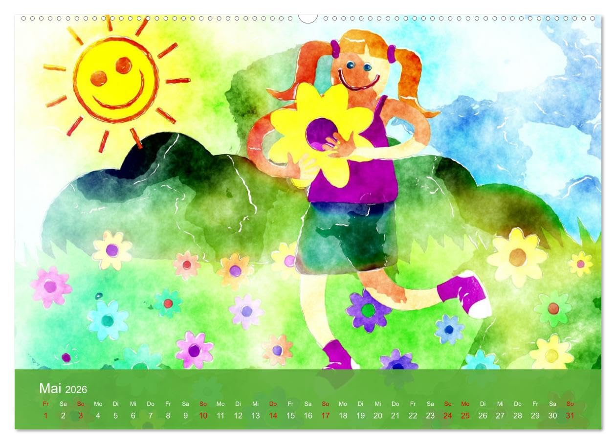 Glückliche Kindheit. Duftiger Aquarell Kinderkalender (Wandkalender 2026 DIN A2 quer), CALVENDO Monatskalender: Sonniger Aquarellkalender für glückliche Kinder und Familien (CALVENDO Kunst)