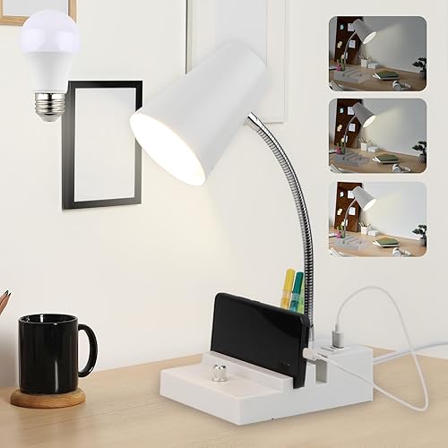 Lámpara de escritorio de estudio con carga USB y luz nocturna tipo C, lámpara de mesa LED de cuello de cisne con atenuación continua, lámpara de