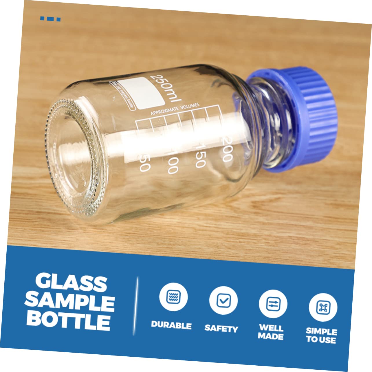 CHILDWEET Bottiglia di Reagente in Vetro 250ml 3 Pezzi, Flacone | Tappo Blu a Bocca Larga, Filettatura Sigillata, per Campionamento Chimico e Classificazione Imballaggi