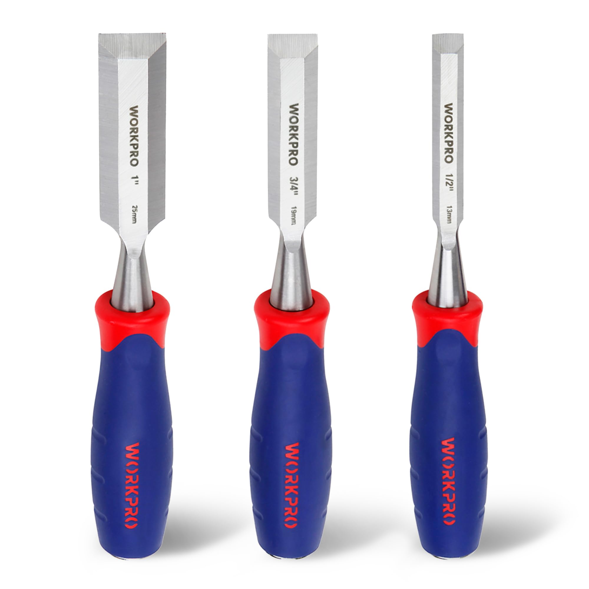 Wood Chisel Set, 3 Pieces Wood Carving Chisels 12 mm, 19 mm, 25 mm, Cr-V Bevel Edge Chisels with Steel Hammer End and Non Slip Handle for Woodworking, Wood Carving and Sculpting