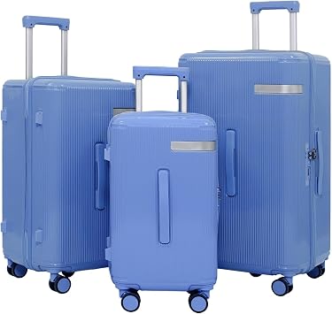 PC Hardside Luggage Sets 3 Piece with Spinner Wheels and Cup Holder, Blue | Hardshell Travel Suitcase 3PCS Set for Family Trips, Trunk Style, Rolling Luggage with Wet Dry Compartment Phone Holder
