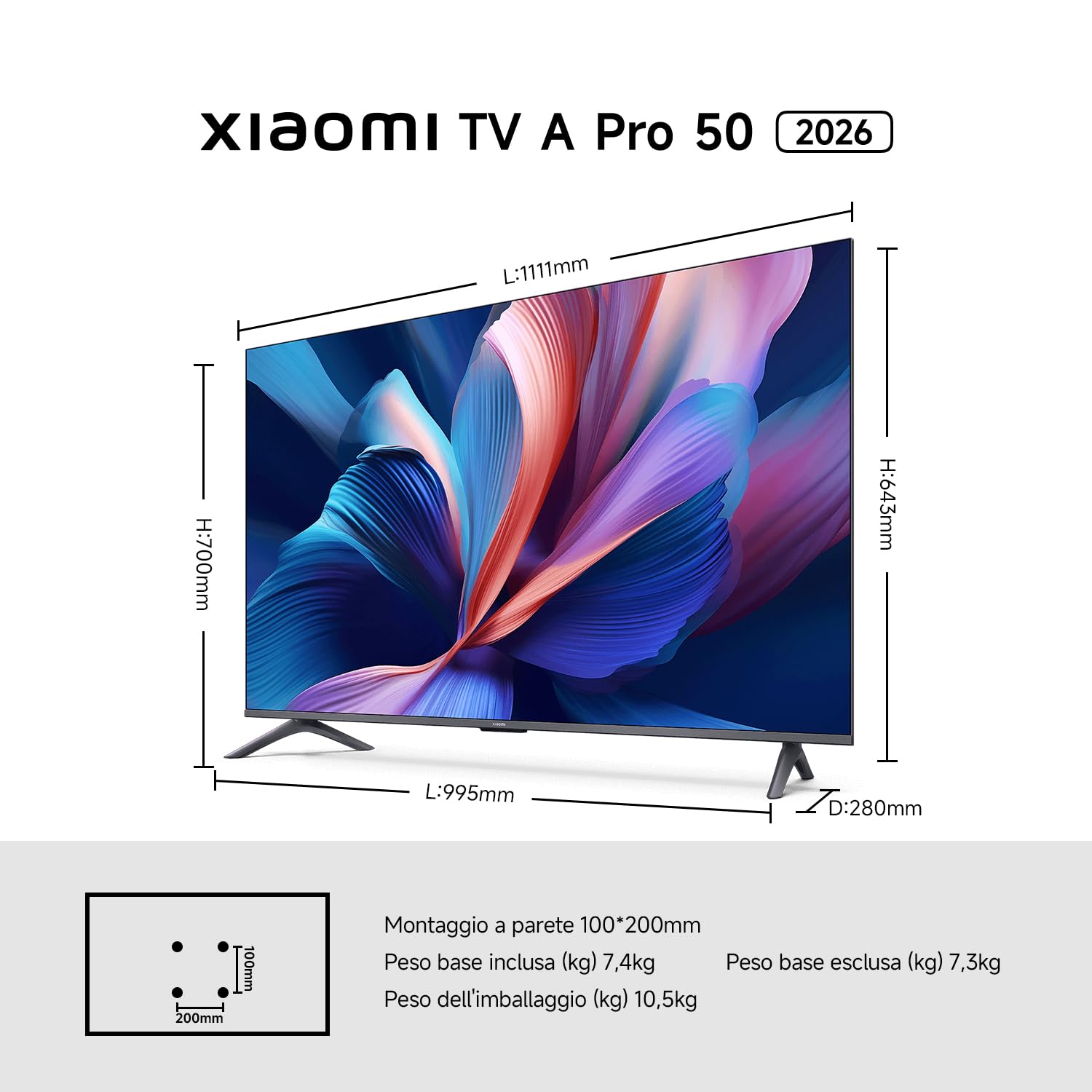 XIAOMI TV A Pro 50, 50 pollici (127 cm), 4K UHD QLED, Smart TV, Google TV, DVB-C/S/S2/T/T2, HDR10, Modalità Game Boost 120Hz, MEMC, Controllo Vocale, 2GB+8GB, Apple Airplay & Google Cast