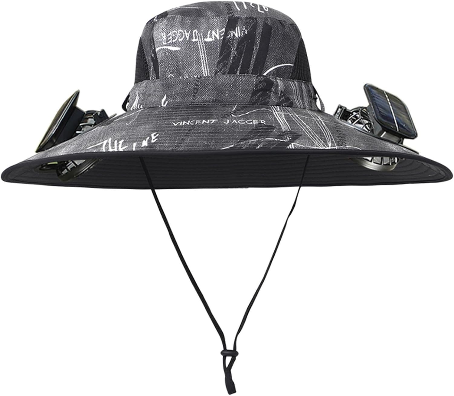 XIUNYIE Wide Brim Sun Hat with 2 Solar Fan Waterproof Breathable Bucket Hat for Men Women for Hiking Fishing Camping Outdoor, Scrawl C, One Size