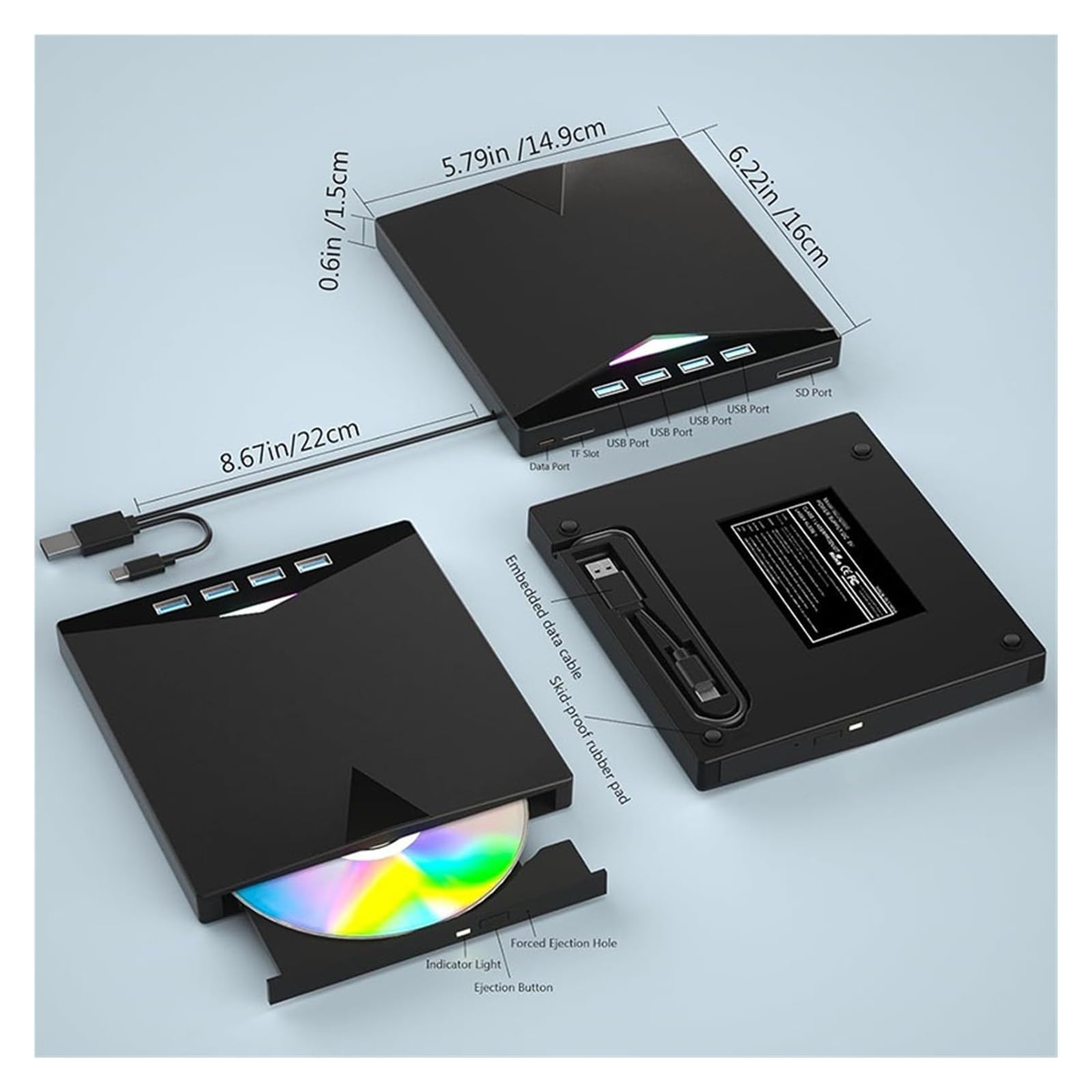 Przenośny zewnętrzny czytnik DVD CD +/-RW 7 w 1 z USB 3.0 typu C i czytnikiem kart SD TF USB