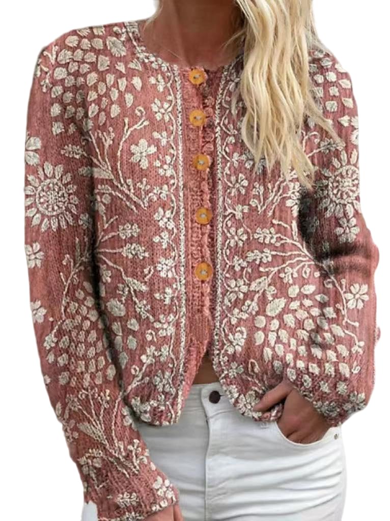 Womens Button Up Cardigan Sweater Floral Knit Fall Sweaters for Women Cozy Long Sleeve Lightweight Cardigans 2025