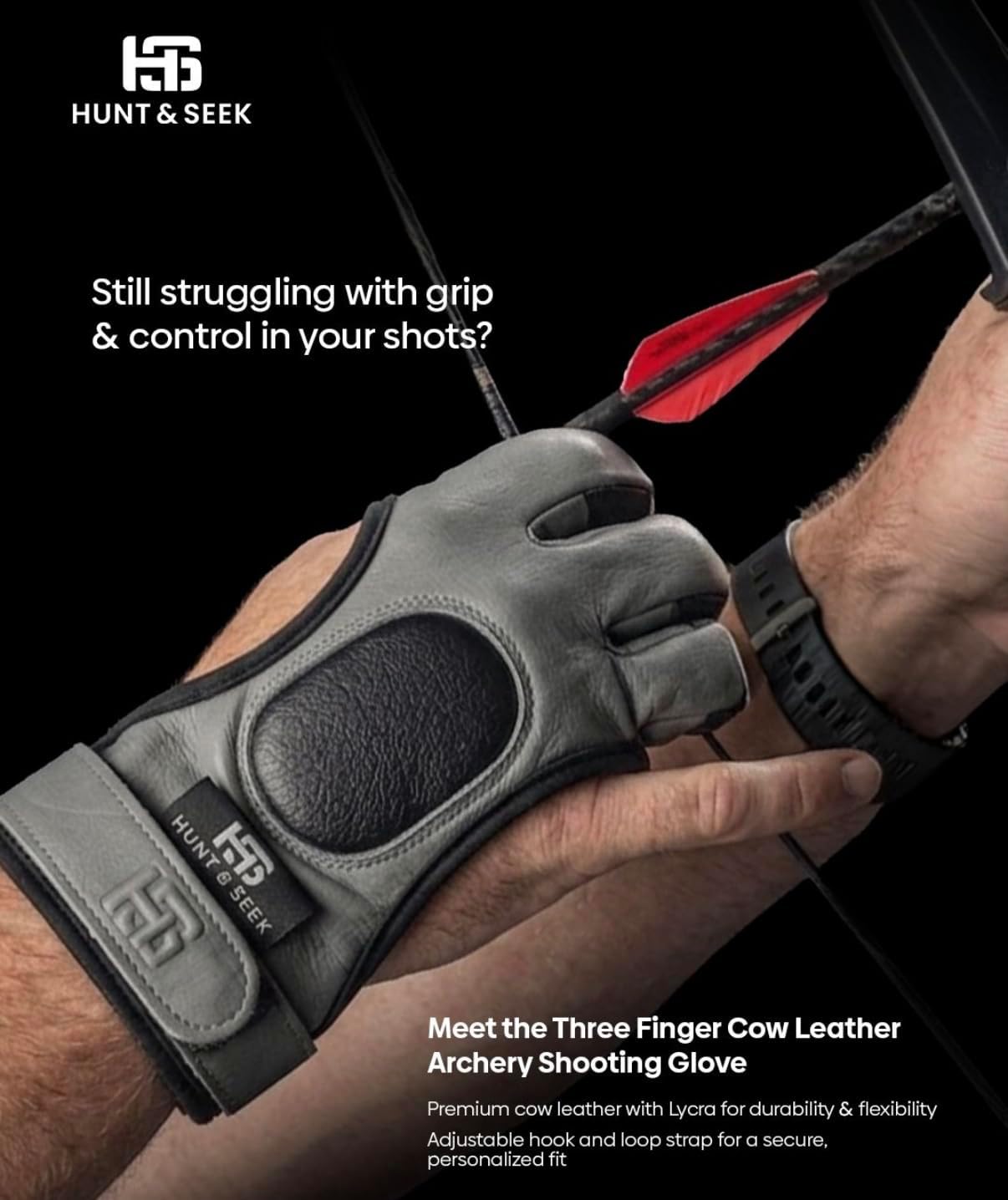 Hunt & Seek Cow Leather Three Finger Archery Glove for Recurve & Compound Bow – Finger Tab Accessory