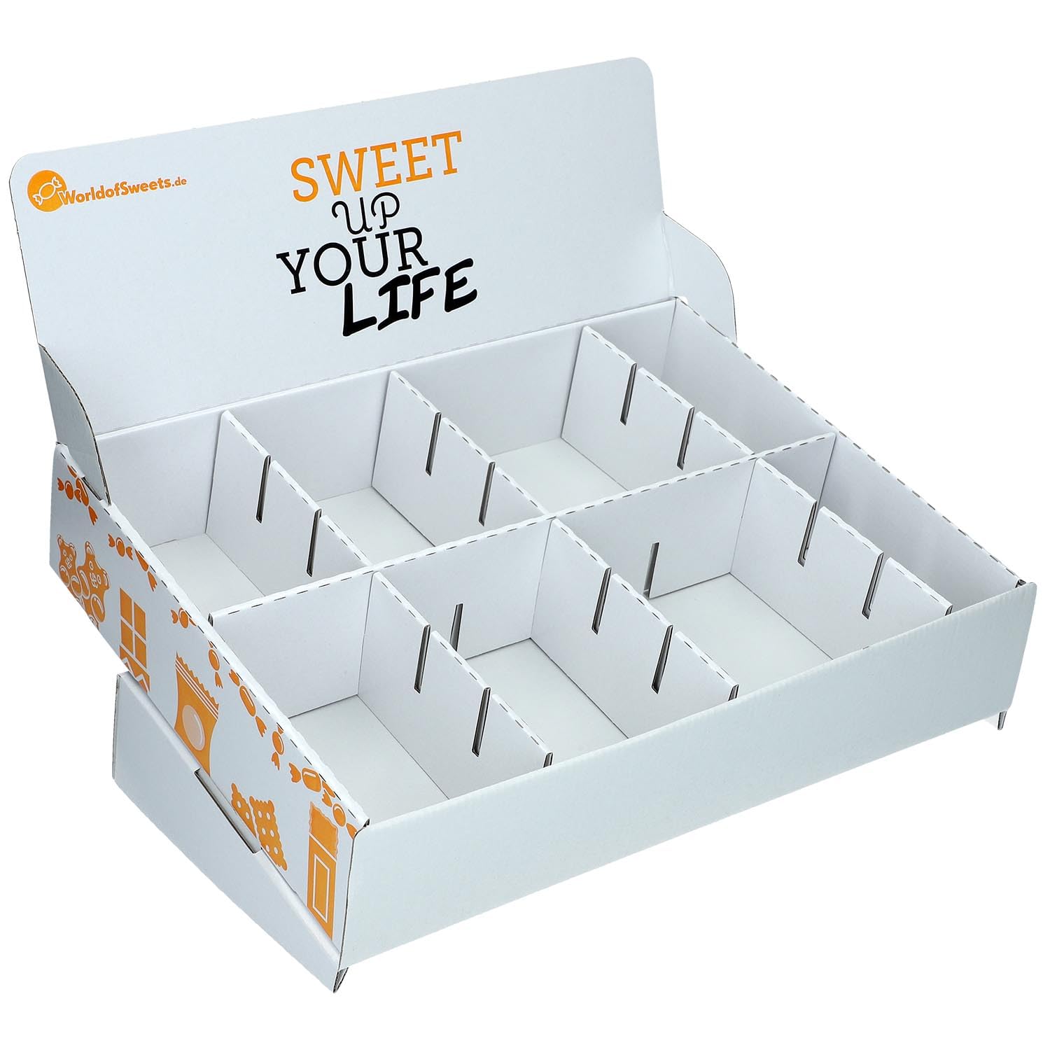 World of Sweets Snack-Box – süße & salzige Snackmischung mit Schokoriegeln, Fruchtgummi & Knabbereien – Präsentationsbox mit Aufsteller & Fächern