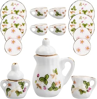 15Pcs Miniature Dollhouse Tea Set Porcelain Tea Service, Dollhouse Accessories 1/12 Dollhouse Kitchen Accessories Miniature Dining Ware (Small strawberry)