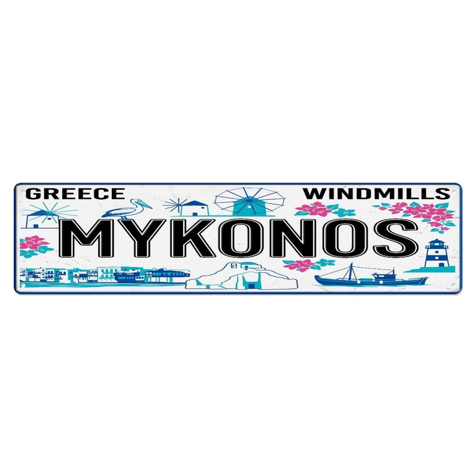 Tgrcjimh Style Metal Tin Sign Vintage Travel Mykonos Windmills Pelican
