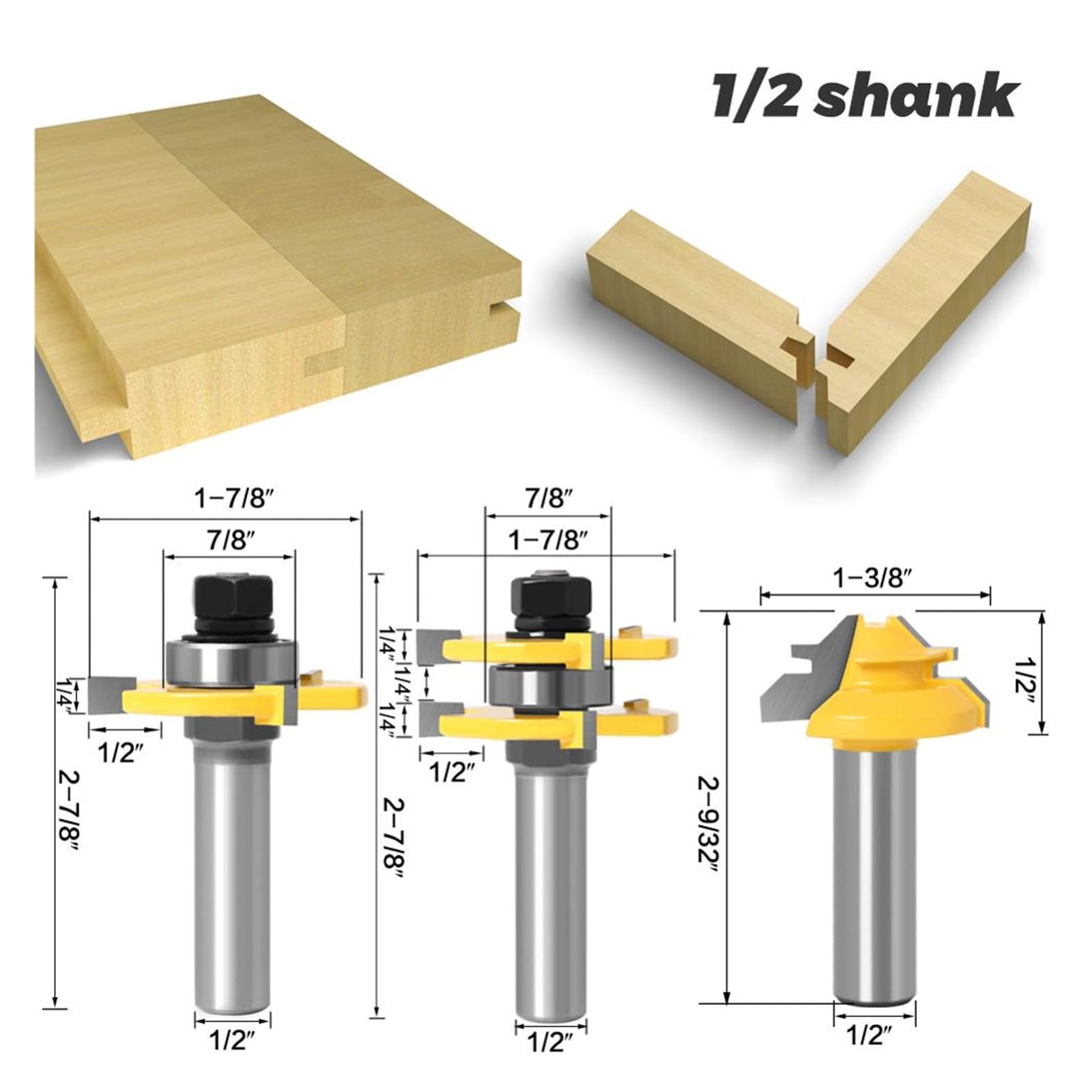 3 szt. 12 mm 1/2 trzpień montażowy języka i wpustu frez 1 szt. 45 stopni blokada ukośnicy zestaw do cięcia drewna(12.7mm shank)