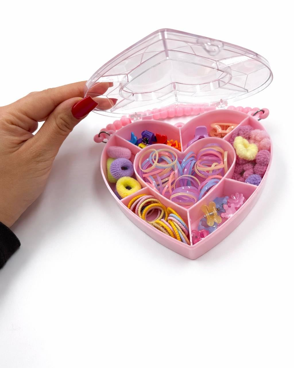 Kız Çocukları için Kalp Şeklinde Saç Aksesuarları Seti, Renkli Lastikler, Tokalar ve Klipsler, Pembe Organizer Kutu