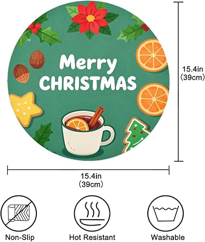 Miniatura 3 de Merry Christmas Green Round placemates Non Slip placemats Easy to Clean Waterproof individuales para mesa de comedor Azul 15.4x15.4in Set of 6