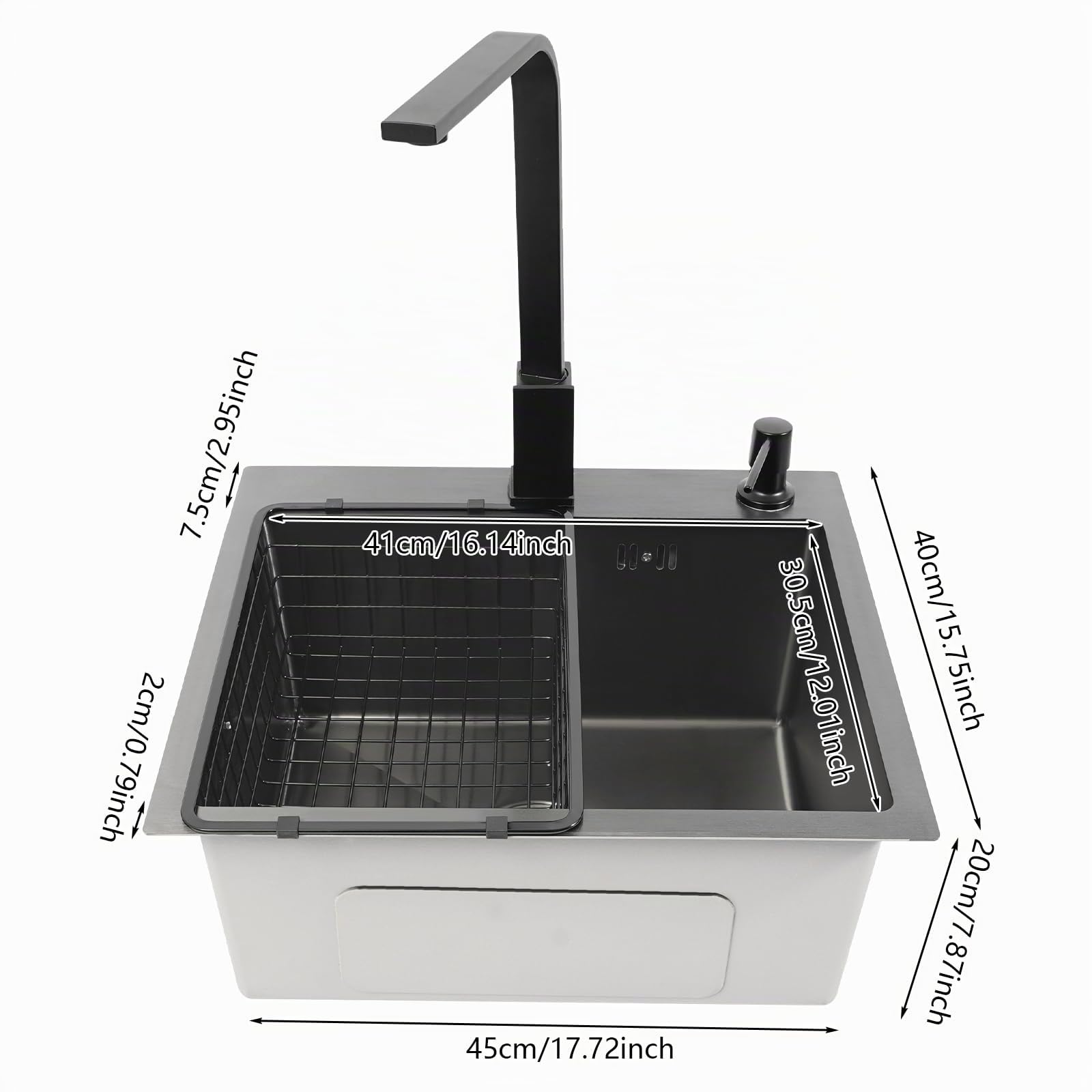 Lavello da cucina, nero, 45 x 40 cm, 1 vasca, in acciaio inox, rettangolare, moderno, con scolapiatti, rubinetto, dispenser di sapone
