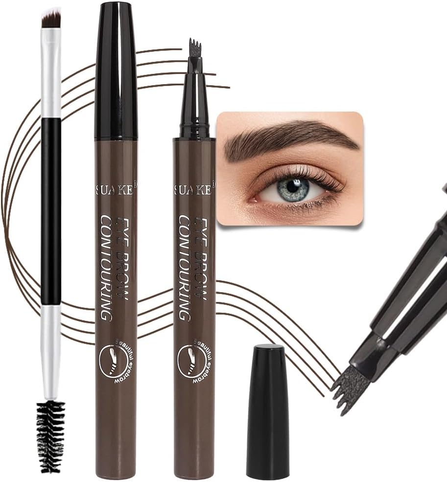 Kaely 2Pcs Microblading Eyebrow Pen with Brush, Magical Precise Waterproof Brow Pen, 4 Tip Eyebrow Contouring Eye Brow Pencils for Women, Creates Natural Brows, Sponge Head 03 Black Brown