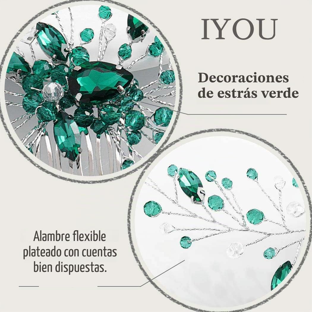 IYOU Diadema de princesa con cristales verdes, peineta para novia, accesorios para el pelo para bodas, para mujeres y niñas (plateado)