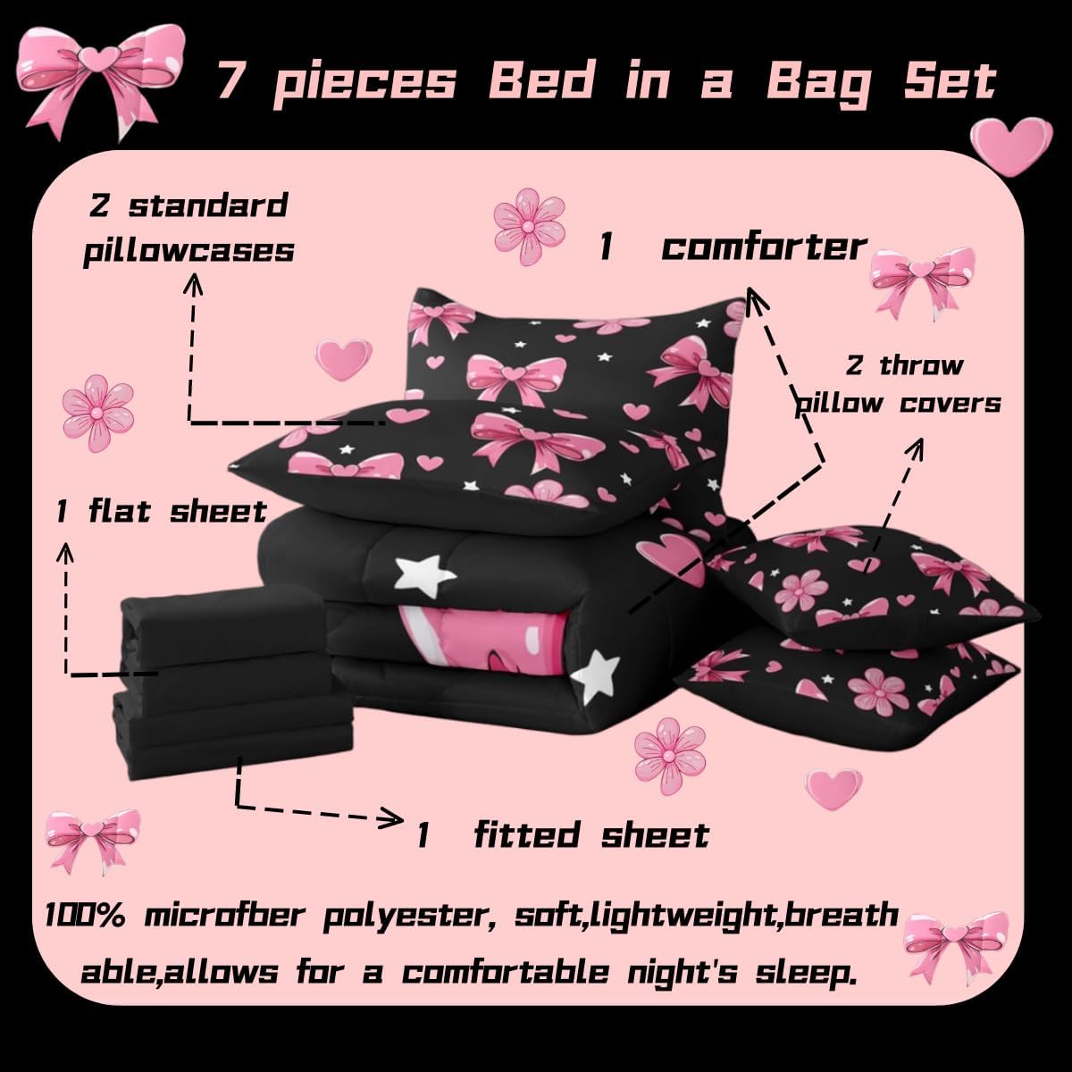 jejeloiu Bowknot Comforter Set Twin Size 7 Pieces Black Pink Bedding Set for Kids Boys Girls Pink Bow Bed in a Bag with Comforter, Sheets, Pillowcases, Cushion Covers Colourful Bowknot Bedroom Decor