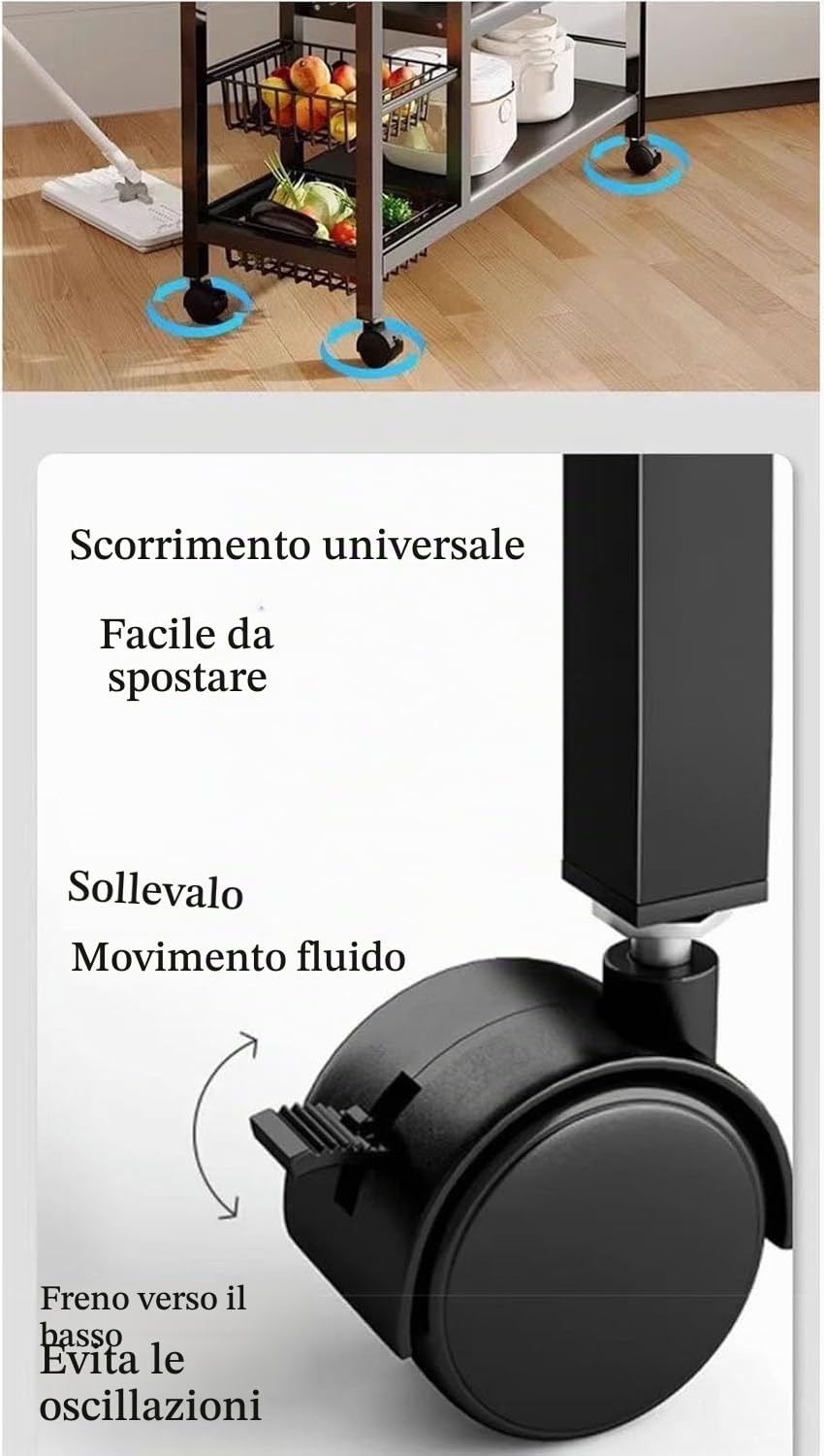 Un rack di stoccaggio in metallo robusto e durevole con 4 strati e 4 cesti a maglia, dotato di rulli e altezza regolabile di 5 centimetri, adatto per garage e cucine (nero, 32x12.6x53in/80x32x135cm)
