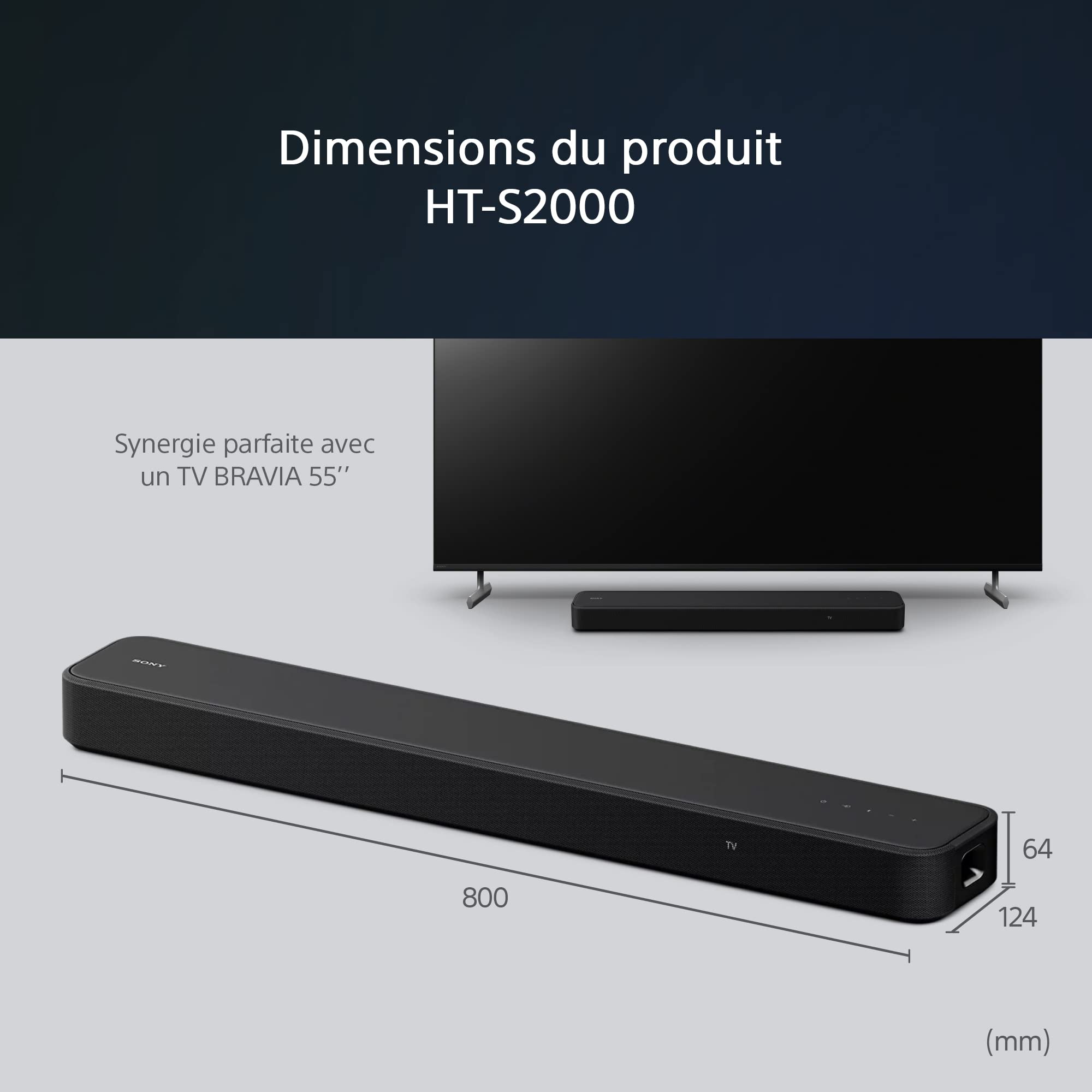 Sony HT-S2000 | Barre de Son Dolby Atmos® 3.1.(2) canaux | Vertical Surround Engine, Double caisson de graves intégré, Bluetooth, USB, Compatible SA-SW5/SA-SW3/SA-RS3S