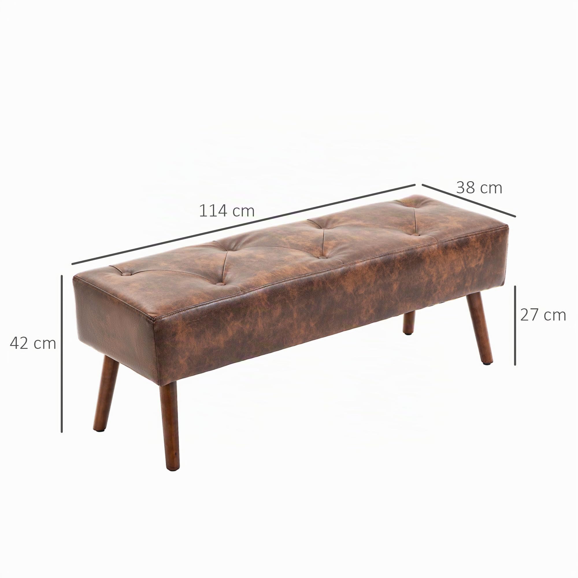HOMCOM Banc Bout de lit Banquette capitonnée Style Vintage revêtement synthétique 114 x 38 x 42 cm piètement Bois Banc rembourré Marron Effet Vieilli