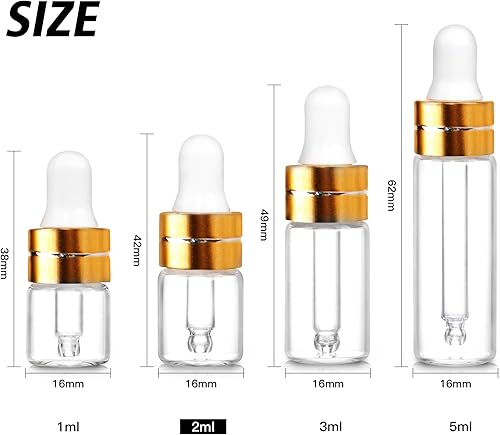 Miniatura 10 de Paquete de 50 botellas cuentagotas de vidrio transparente de 0.0 fl oz con 2 cuentagotas de plástico, mini botellas cuentagotas de muestra para