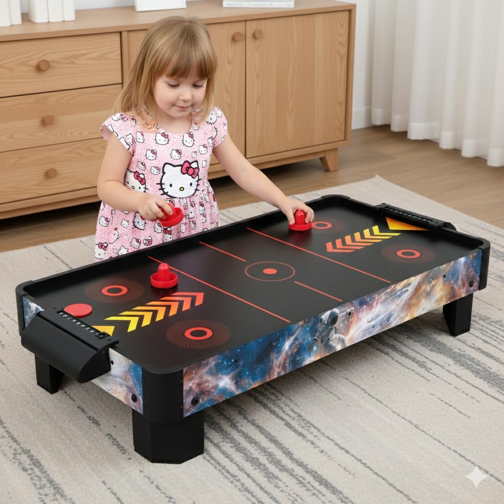Airhockeytisch für Kinder ab 6 Jahre, Airhockey Game für Tisch mit Gebläse/Motor, Air Hockey Table Top Tischauflage für 2 Spieler inkl. 4x Pusher, 4x Pucks, Torzähler, Zero-G Battle 102x52x20 cm
