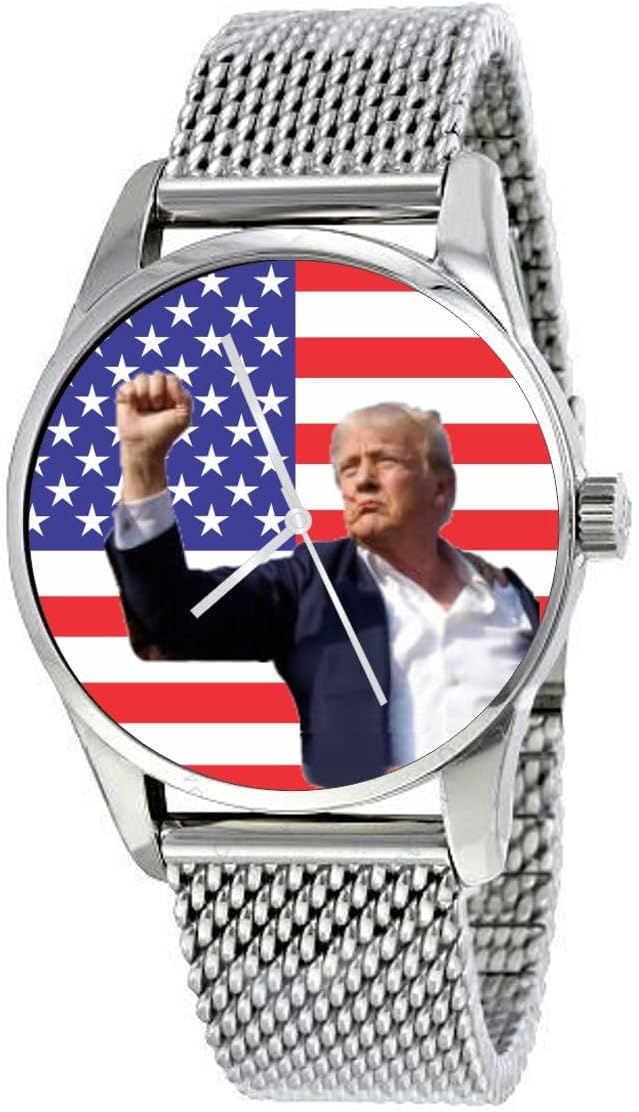 Donald J. Trump Fight, Fight, Fight On The Dial of The Large Polished Chrome Watch with an Adjustable Stainless Steel Mesh Band and Donation to TNC.