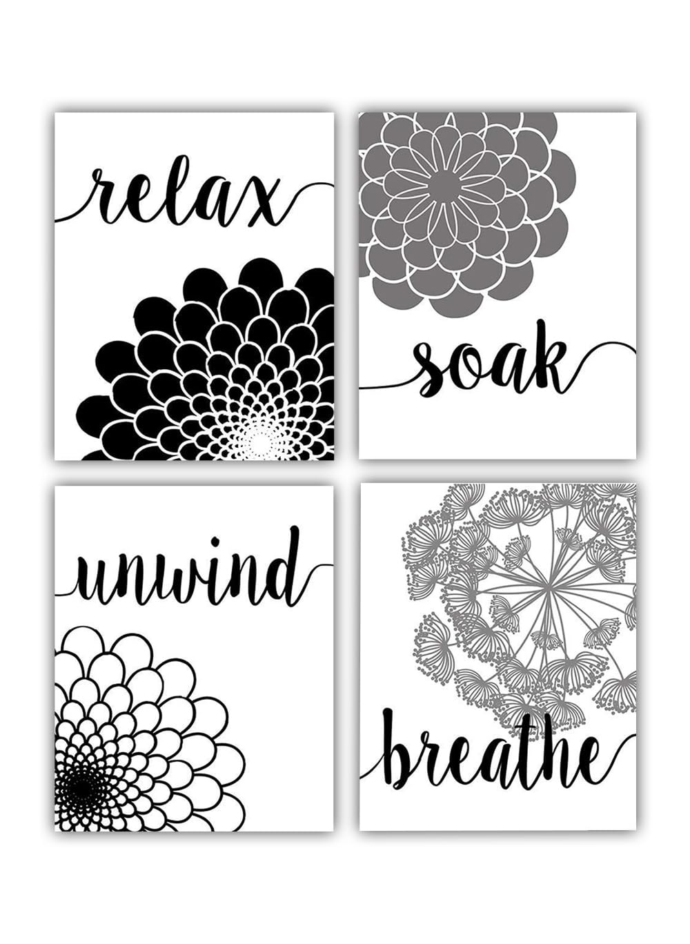 Set of 4 Black and White Bathroom Wall Art Prints 8x10 Unframed – Modern Gray and White Bathroom Decor, Minimalist Restroom Wall Art, Elegant Black