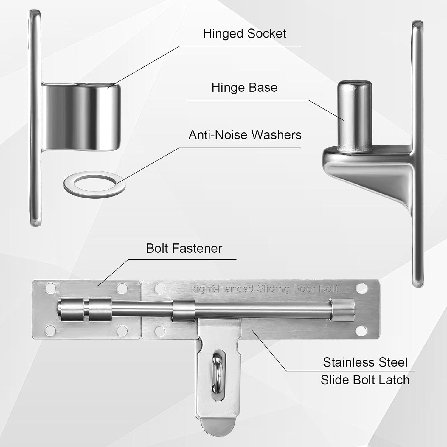 Heavy Duty Gate Hinges - AISI 304 Stainless Steel One-Piece Cast with Right-Handed Sliding Bolt Latch & Adjustable Silent Pads for Vinyl Gates, Farm Fence Gates, Courtyard Gate, Wood/Iron Fences Gates