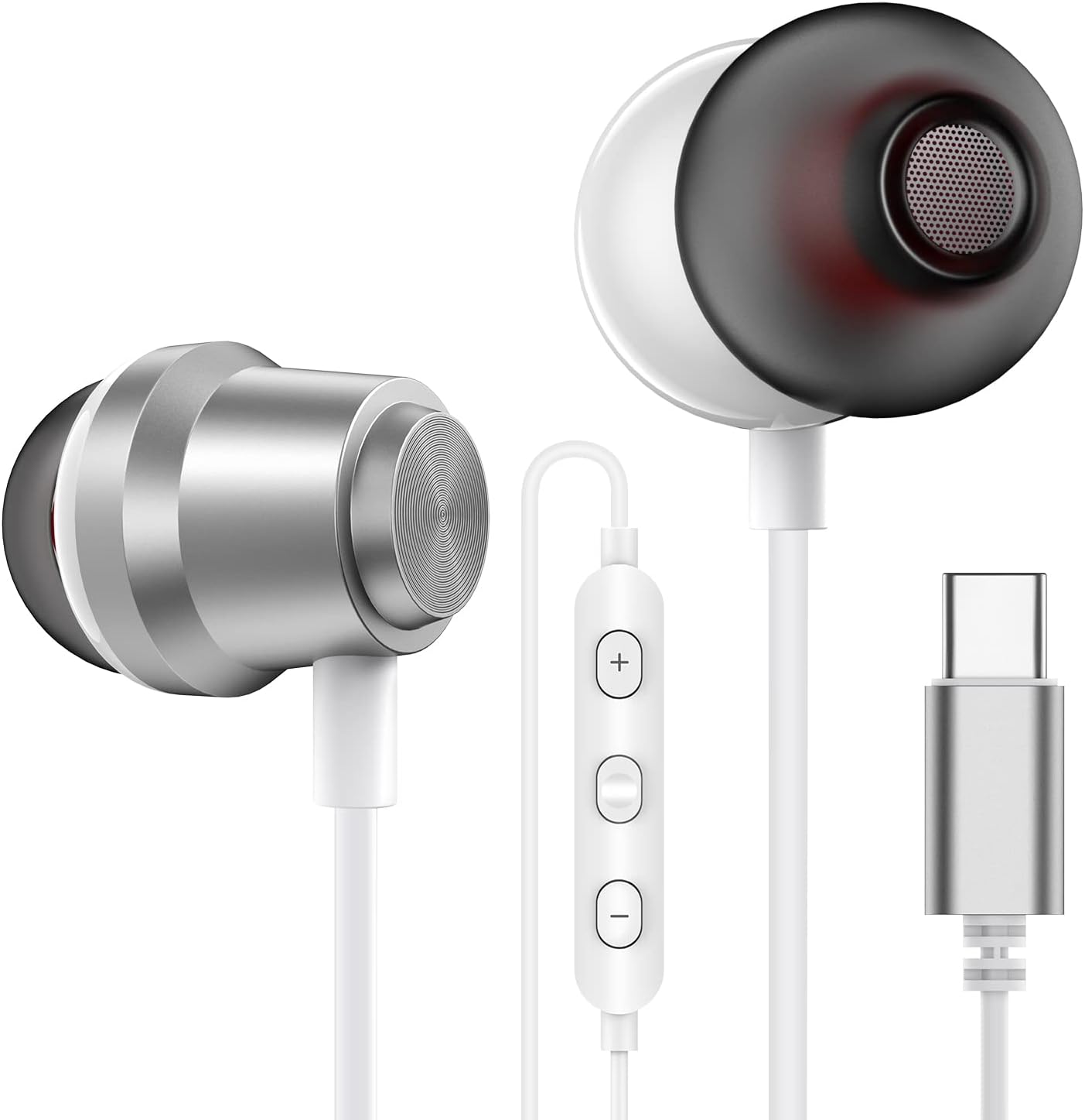 Innens USB C Headphone, Type C Wired Earbuds with Microphone and Volume Control, Magnetic Noise Cancelling Stereo Bass Gaming Earbuds for iPad Pro Samsung Google OnePlus MacBook - White