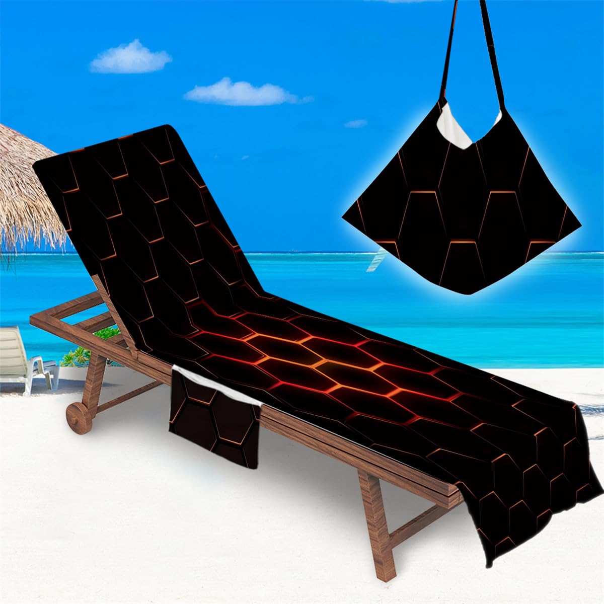 Treer Beach Chair Cover Towel, Art Space Print Beach Towel, Portable Beach Sunbed Towels, Sun Lounger Towels with Pockets, Microfiber Towel for Beach Garden Vacation (Black Orange,75x210cm)