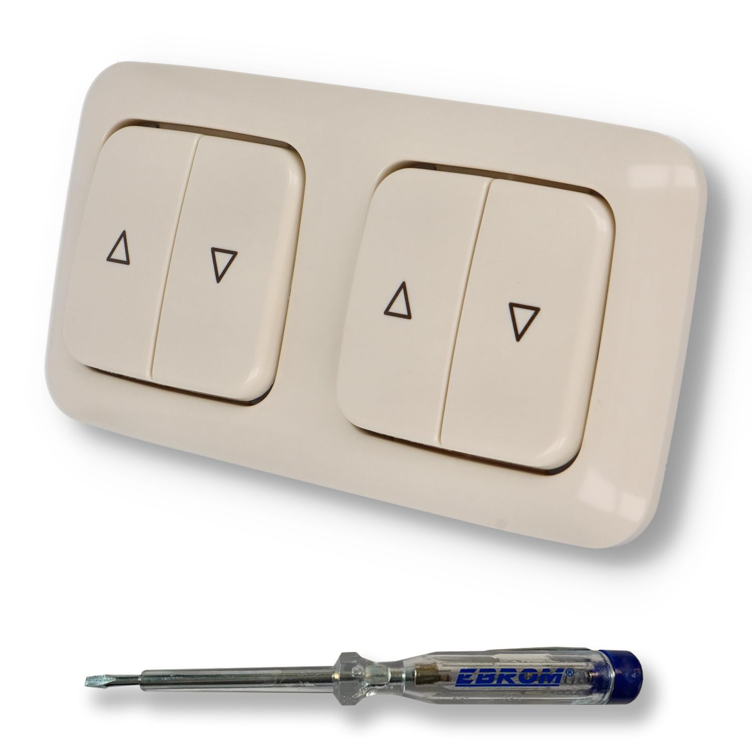 EBROM SET IDEE: BUSCH JÄGER 2 x Jalousieschalter Rolladenschalter 2000/4 US (2000/4US) DURO2000 cremeweiß glänzend Komplettset mit Aufdruck Pfeil auf/ab + EBROM Phasenprüfer zur Montage