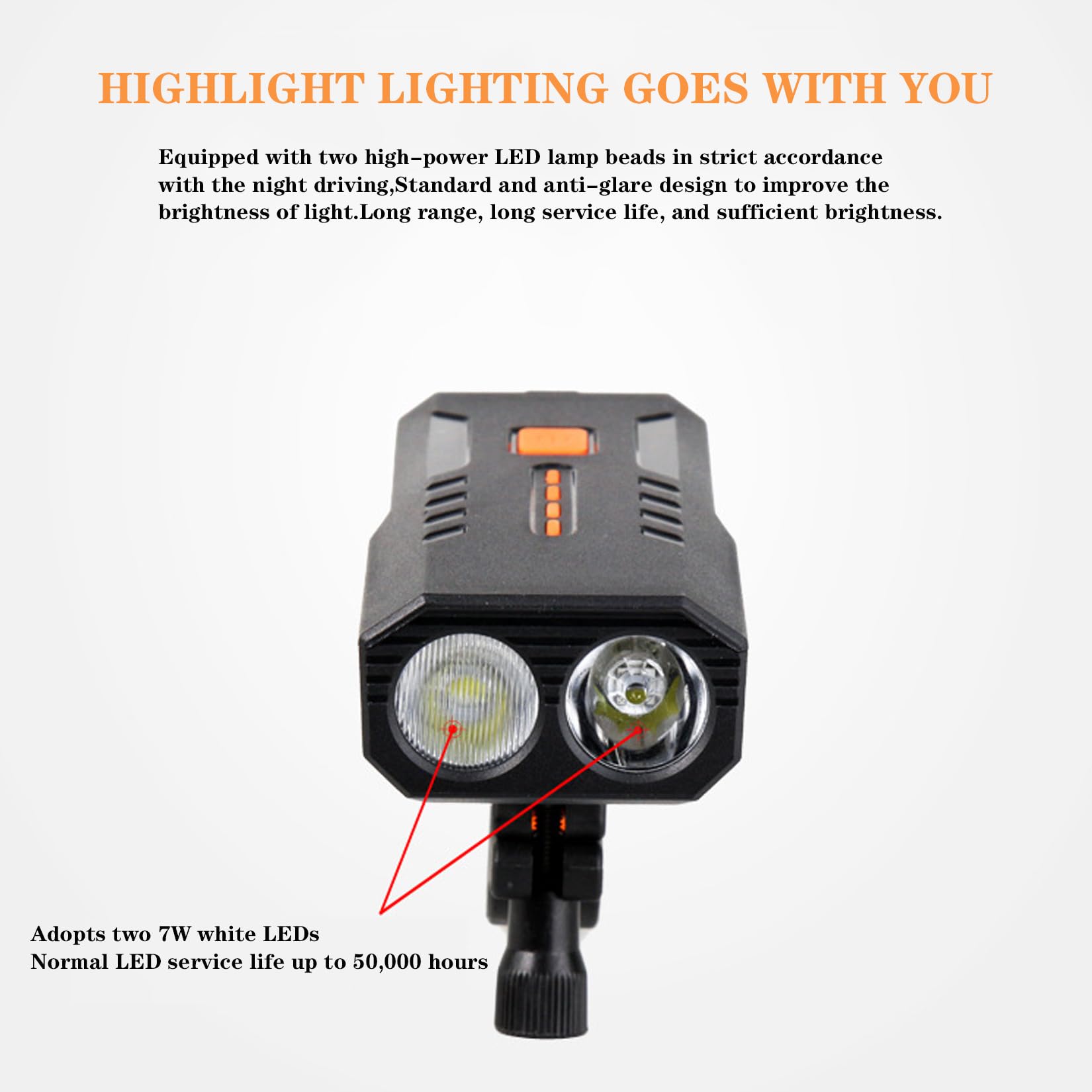 Lampe Frontale Rechargeable USB, 5000 mAh lumière pour vélo, Plusieurs Modes d'éclairage, 10.5x4.8x2.9 mm, Noir