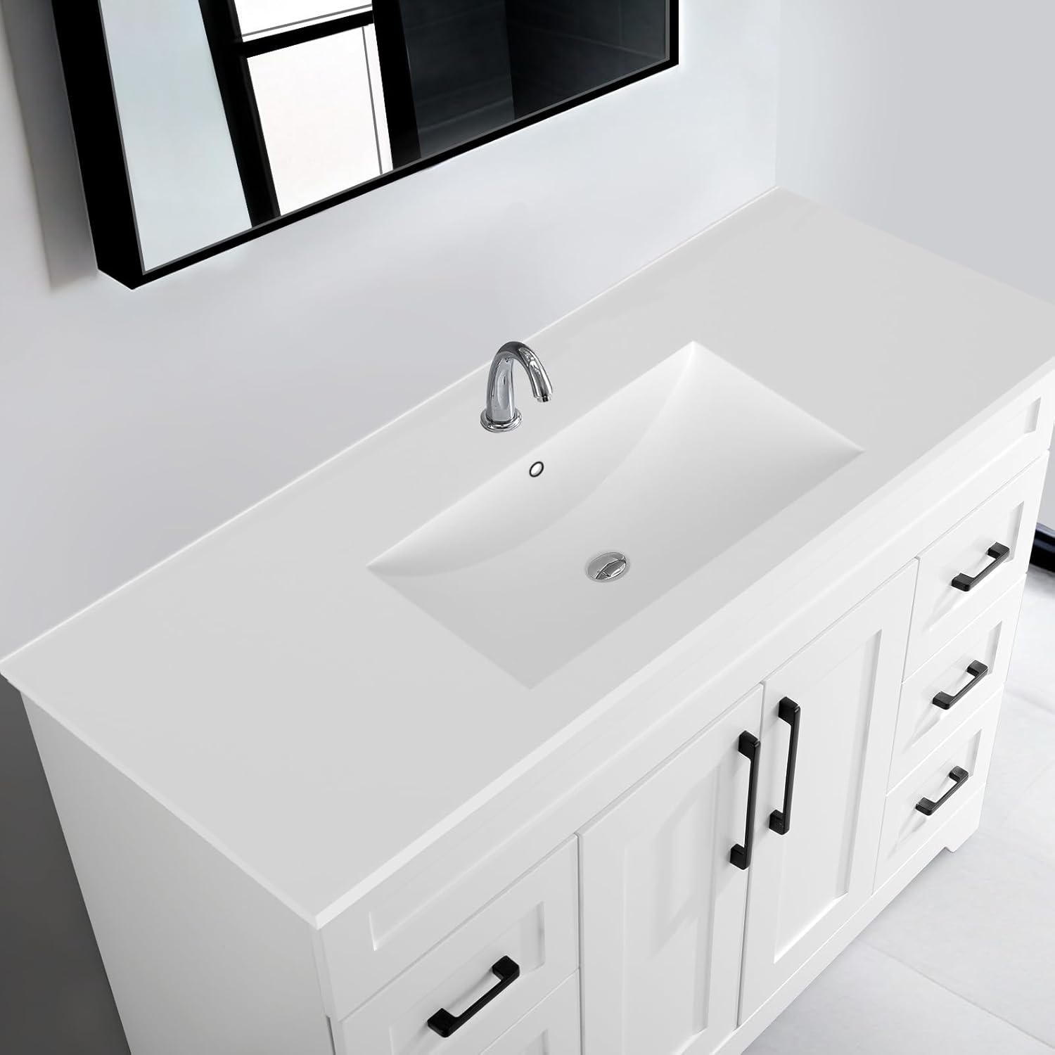48" White Bathroom Vanity with Sink and Countertop, Undermount Single Resin Sink,Modern Plywood Storage Bathroom Cabinet with 6 Full Extension Drawers & 2 Soft-Close Doors