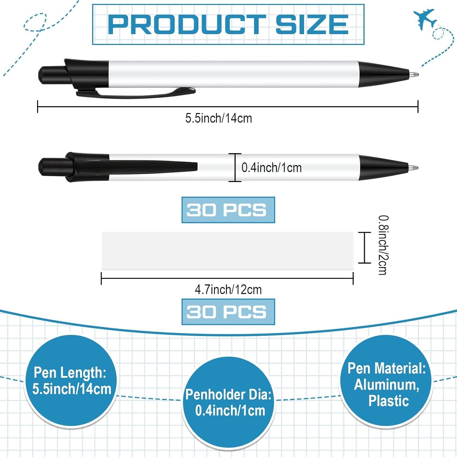 50 pcs Sublimation Blank Metal Body Pens DIY Heat Transfer Ballpoint Pen with Shrink Wrap DIY Heat Transfer Print School Supplies for Christmas DIY Office School Stationery Supplies