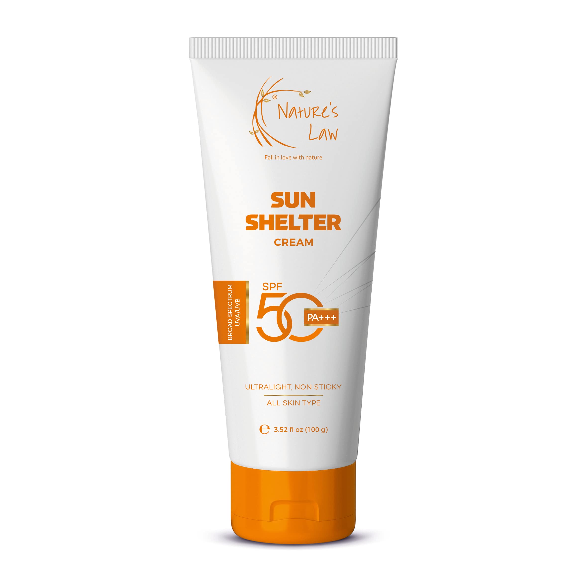 Nature's Law Sun Shelter Cream | SPF50 PA +++ Sunscreen | With No White Cast | Non Greasy & Ultralight Mattifying Gel | Quick Absorbing | For All Skin Types | For Men & Women | Paraben Free | 100g
