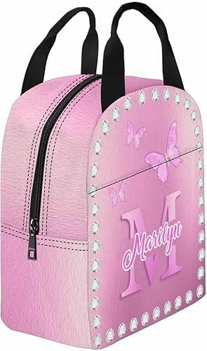 InterestPrint Bolsa de almuerzo aislada personalizada para niñoniña, diseño de mariposa rosa, diamante, nombre personalizado, caja de almuerzo