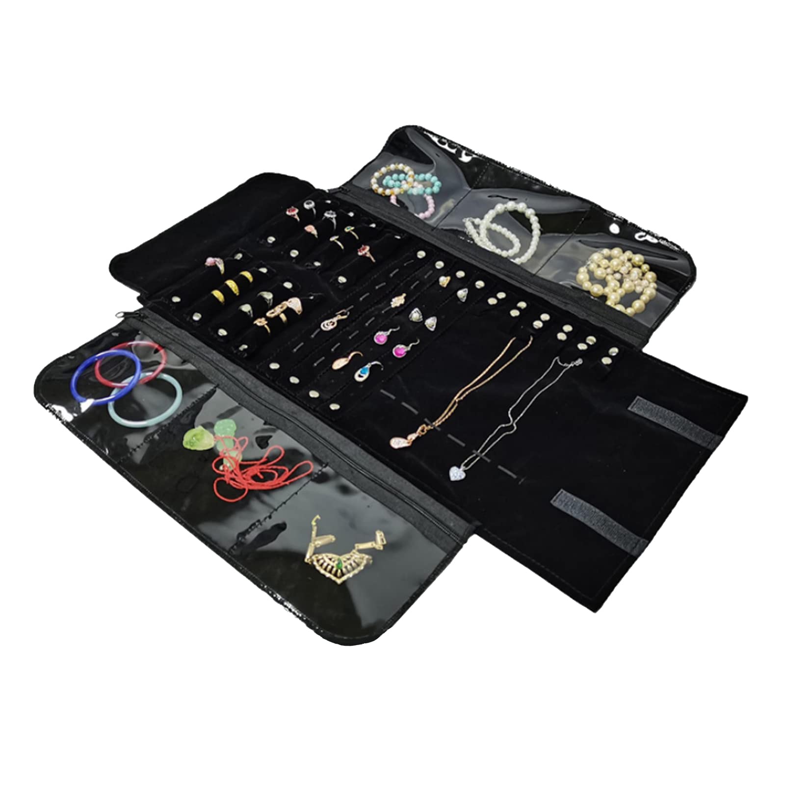 Bolsa de rodillo para organizador de joyas, rollo plegable para joyero, gran capacidad y práctico portátil, para más collares, pulseras (Flannel, Black1)