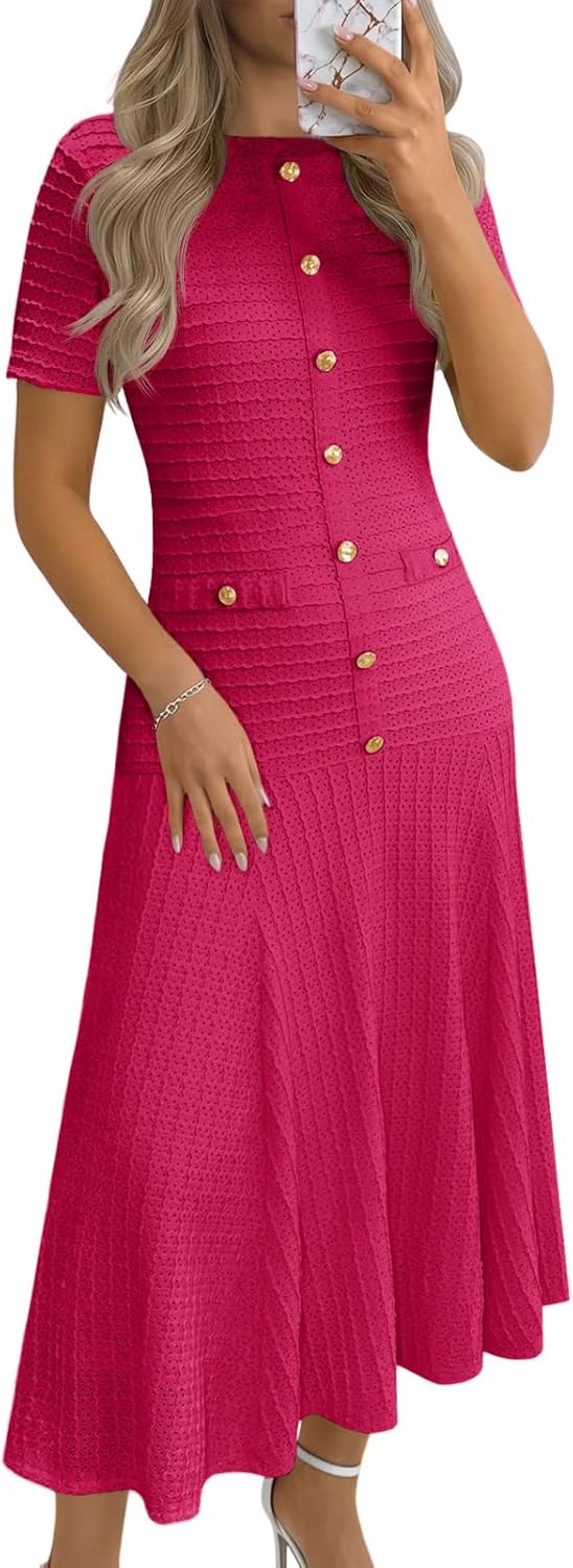 Wenrine Womens Midi Dress Summer Casual Short Sleeve Crewneck Button Decor. Textured Slim Fit A Line Dresses