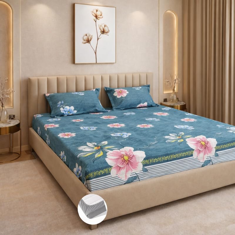 Image of THEA Elastic Fitted Double Bedsheet Set| 100% Cotton Like Soft Fabric | Double Bedsheet for Double Bed (72 X 78 x 6 inches) with 2 Pillow covers,Royal Teal Flora