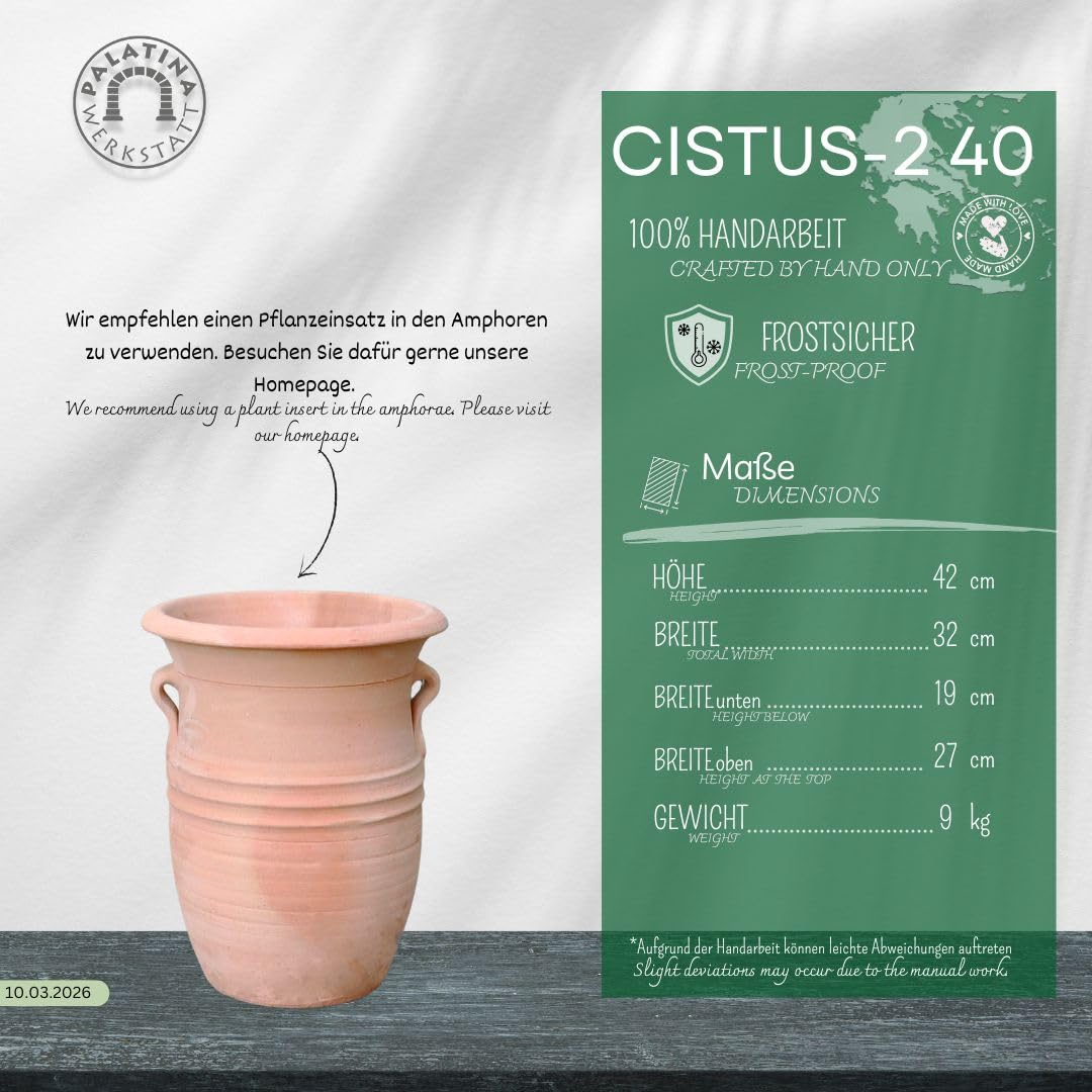 Anfora Cistus-2 40 cm fatta a mano in Grecia, resistente al gelo e all'inverno, per giardino, terrazza e balcone, decorazione da giardino mediterranea, vaso in terracotta per esterni