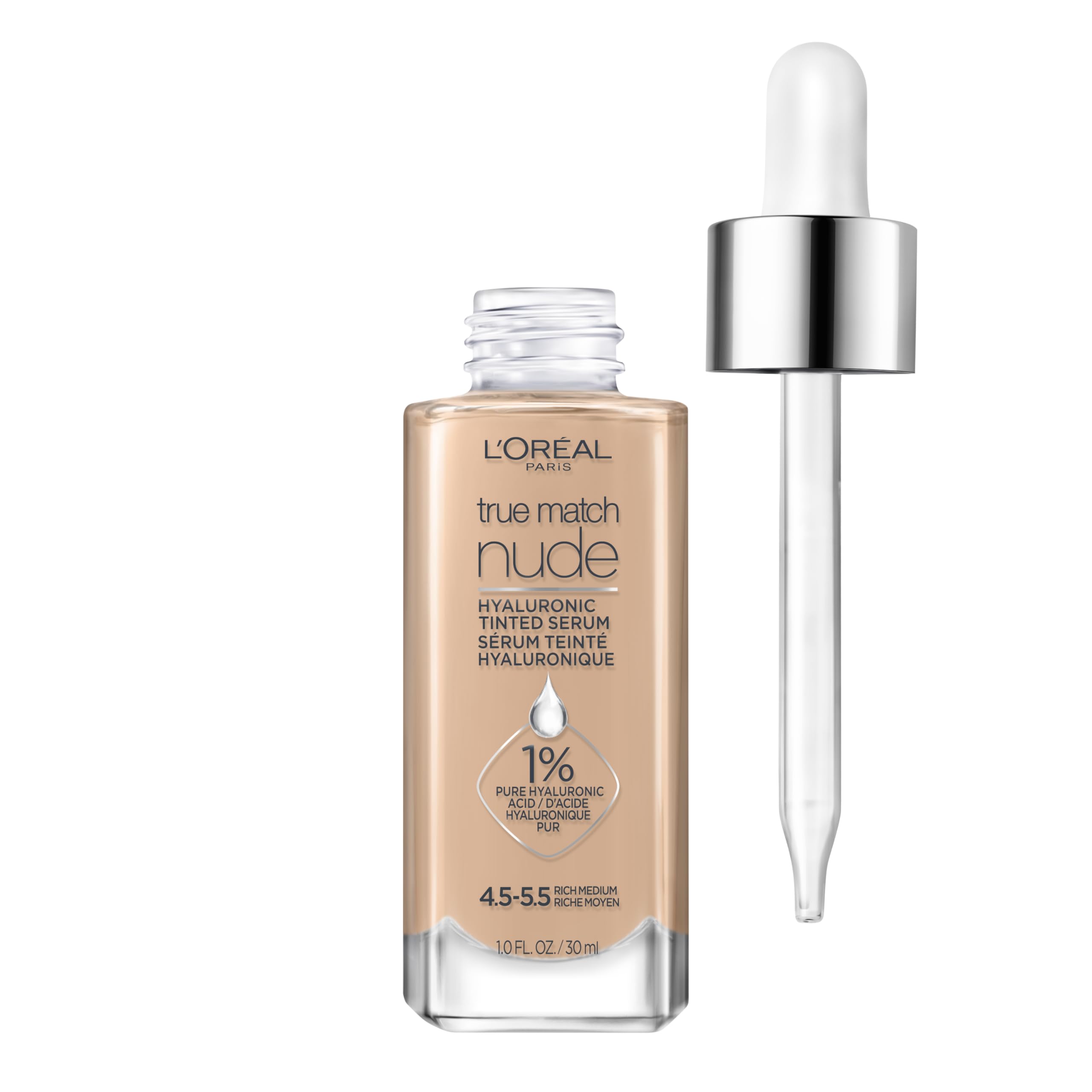 L'Oreal ParisTrue Match Nude Hyaluronic Tinted Serum Foundation with 1% Hyaluronic acid, Rich Medium 4.5-5.5, 1 fl. oz.
