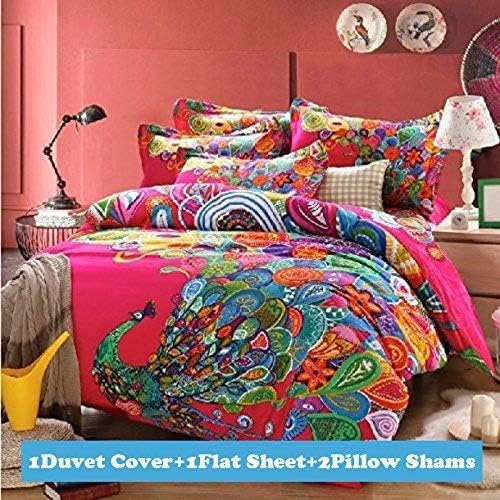 Ttmall Twin Size 100% Cotton 3d Bohemian Boho Style Colorful Peacock Feather Animal Prints Duvet Cover Set/bed Linens/bed Sheet Sets/bedding Sets (Twin, 4pcs Without Comforter)