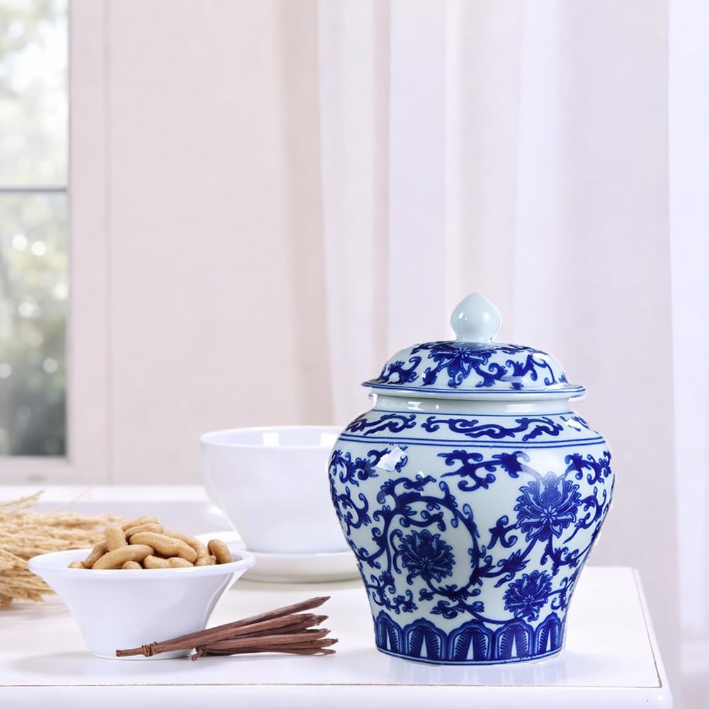 2 Pcs Chinoiserie Blue and White Porcelain Mini Ginger Jar with Lid Ancient Chinese, Dustproof & Waterproof, Suitable for Storing Tea, Ginger, Spices, and As A Decorative Vase (A)